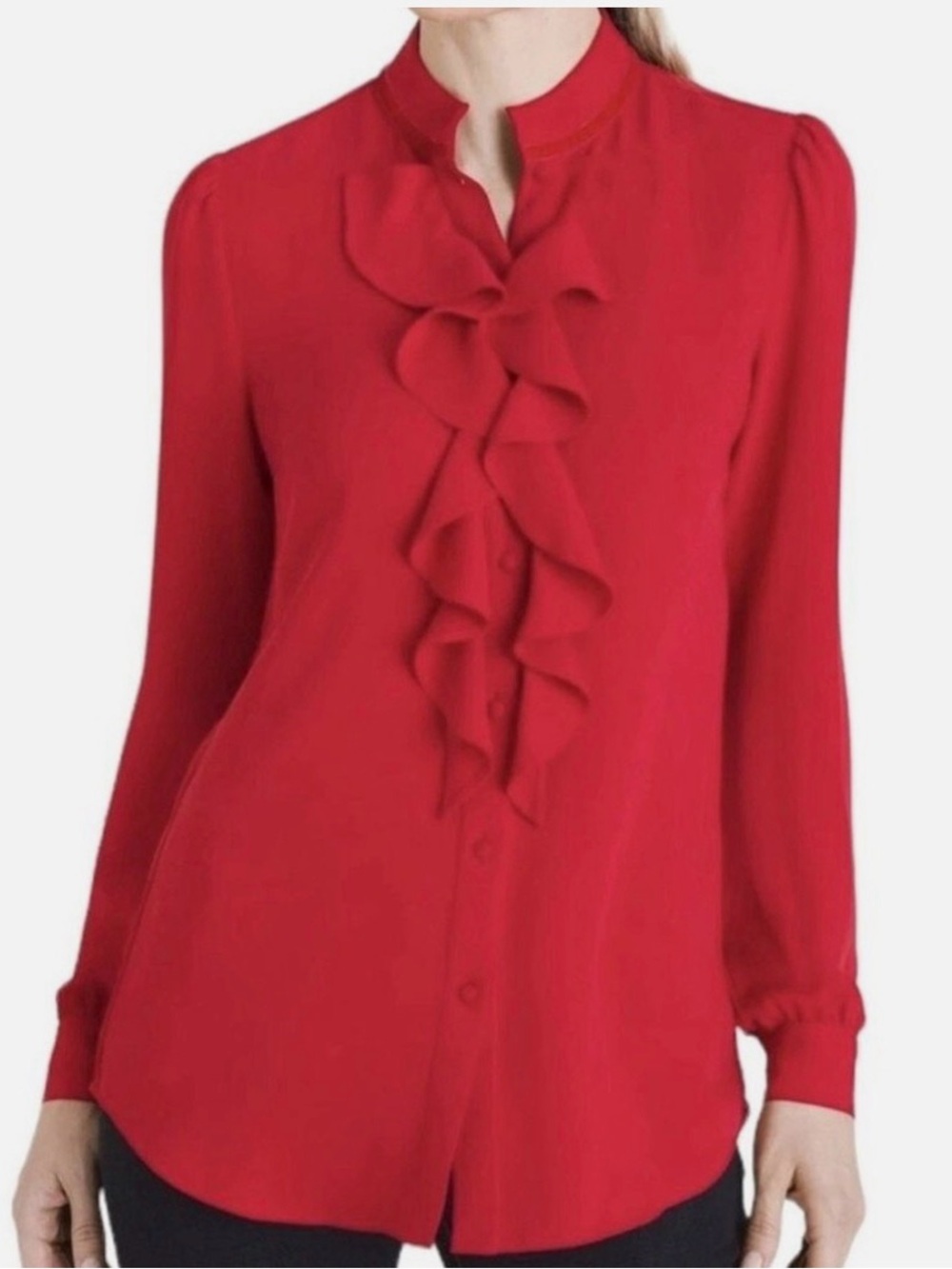 CHICO’S Red Ruffle Feminine Holiday Button Front Long Sleeve Women’s Sz 1